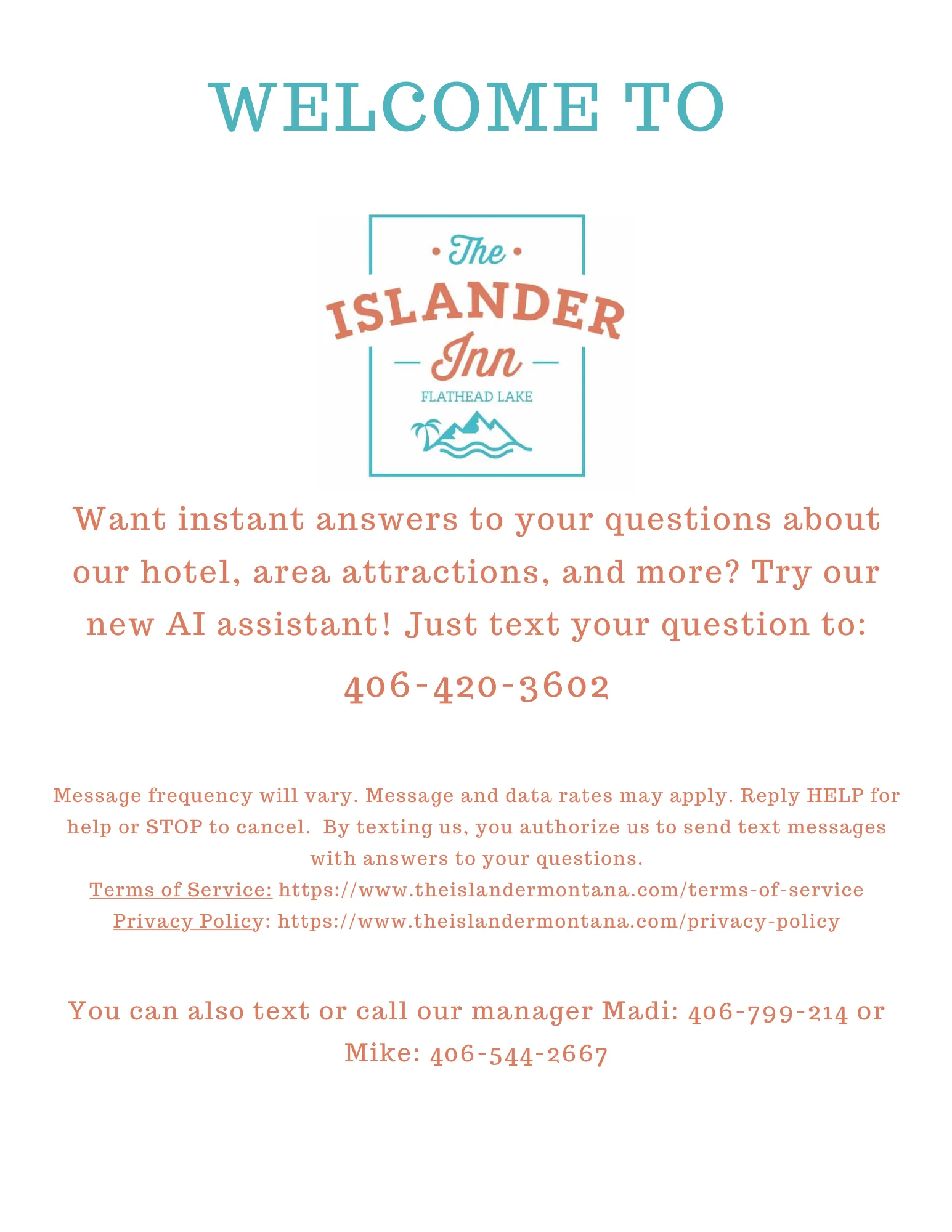 Welcome to The Islander Inn graphic repeating the text-us-your-questions details
